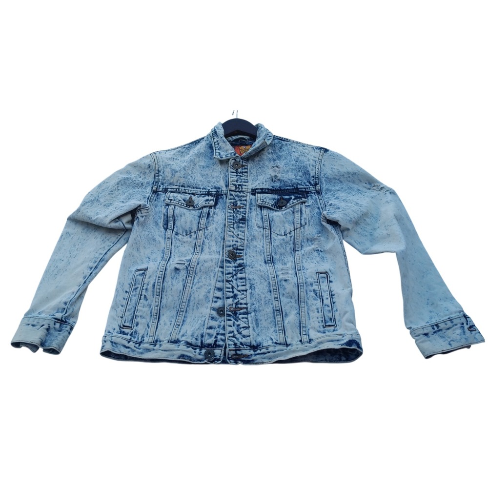 VTG Rolling Paper Distressed Acid Washed Blue Jean Jacket Y2K 90's Punk Metal Sm